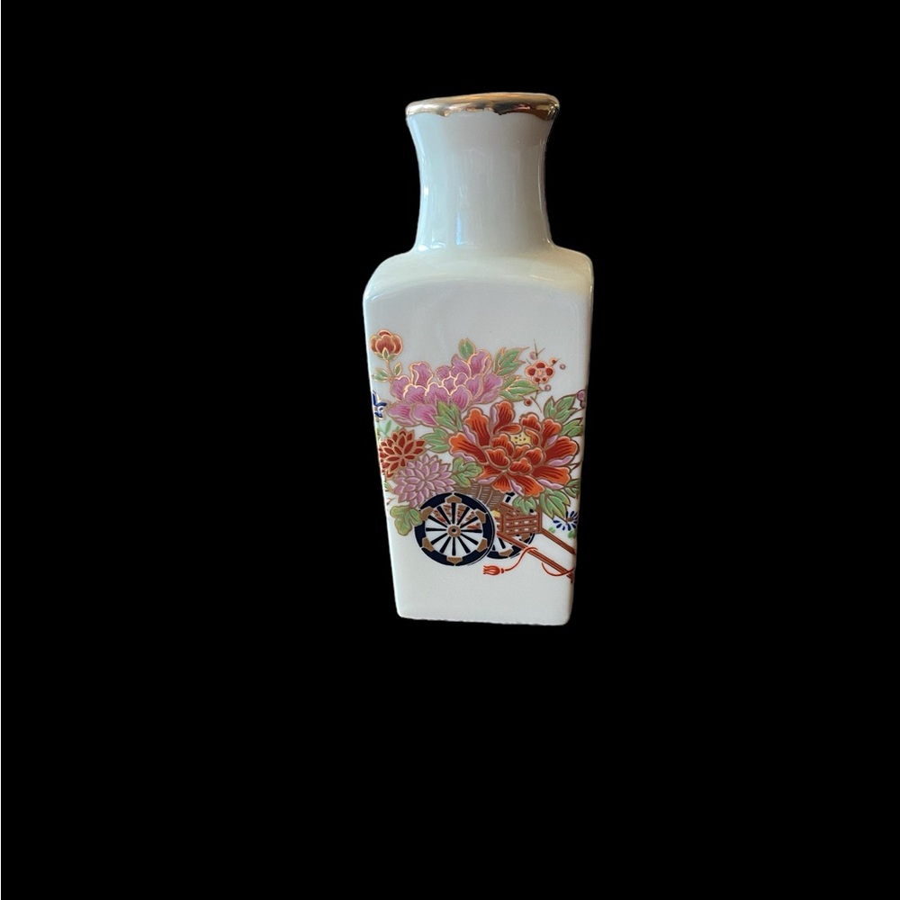 VTG Japanese Miyako Porcelain Square Bud Vase Flower Cart Gold Gilt